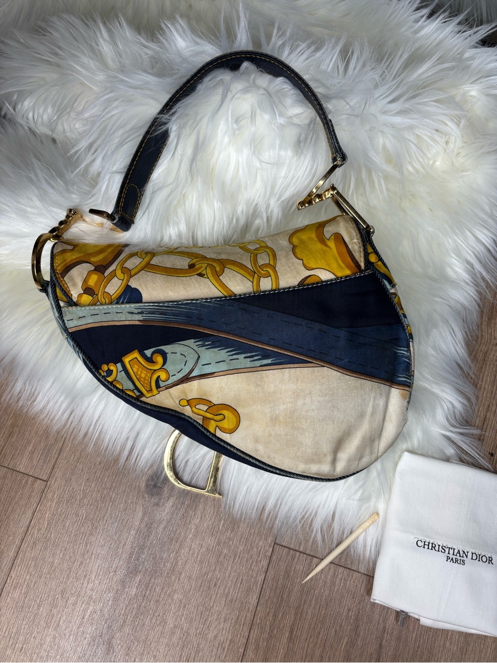 💙 RARE✨ Dior Blue Saddle Satin Chain Print Bag - Picture 7 of 17